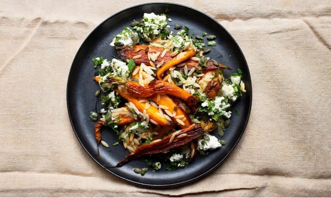 Nigel Slater’s recipe for roast carrots, garlic and orzo